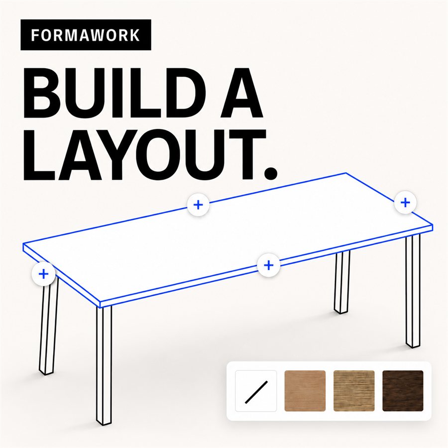 Formawork layout builder: a 3D worksurface with add-piece ports and material swatches